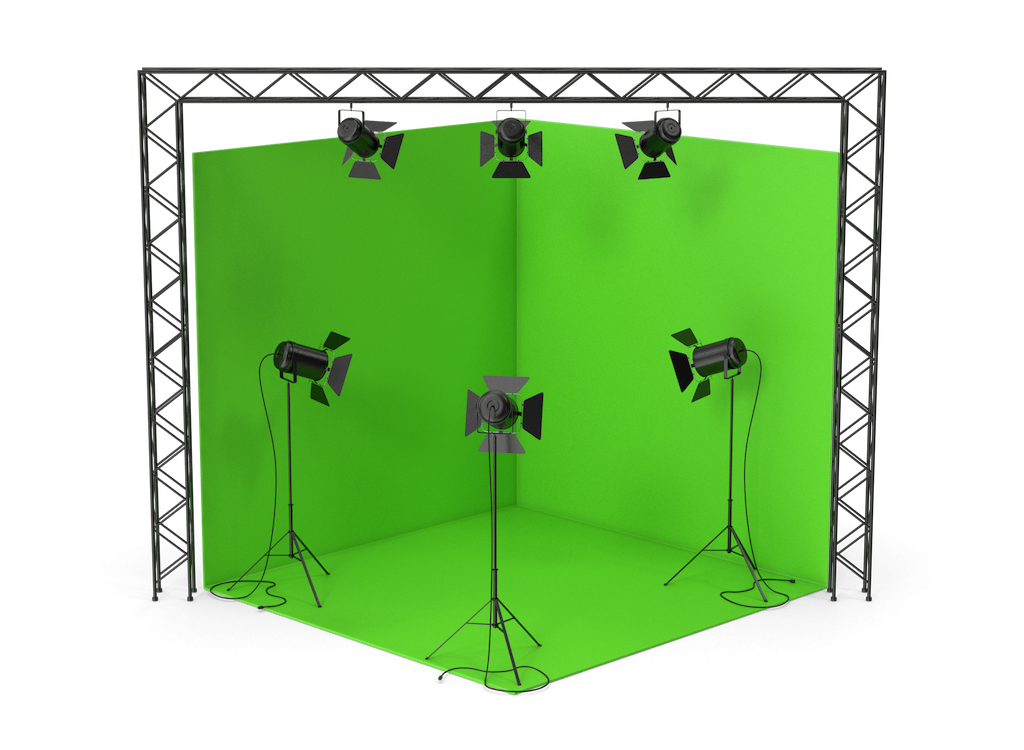 Green Screen Studio with lights and camera sitting on top of a truss for a complete virtual production studio setup